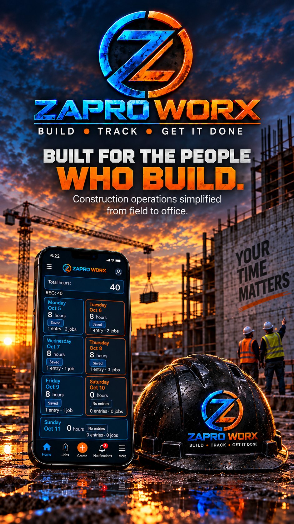 Construction site at sunset with the Zapro Worx mobile app and branded hard hat.